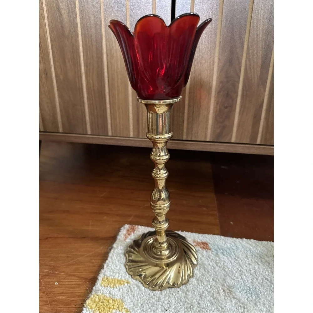 Vintage Brass Candlestick With Red Glass Tulip Shade